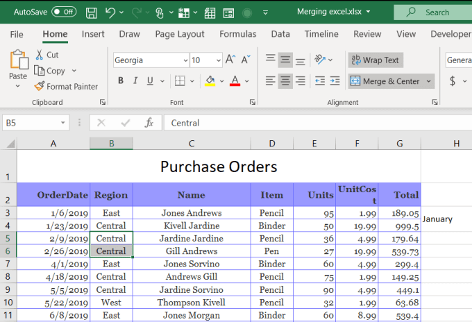 merging cells in excel with data